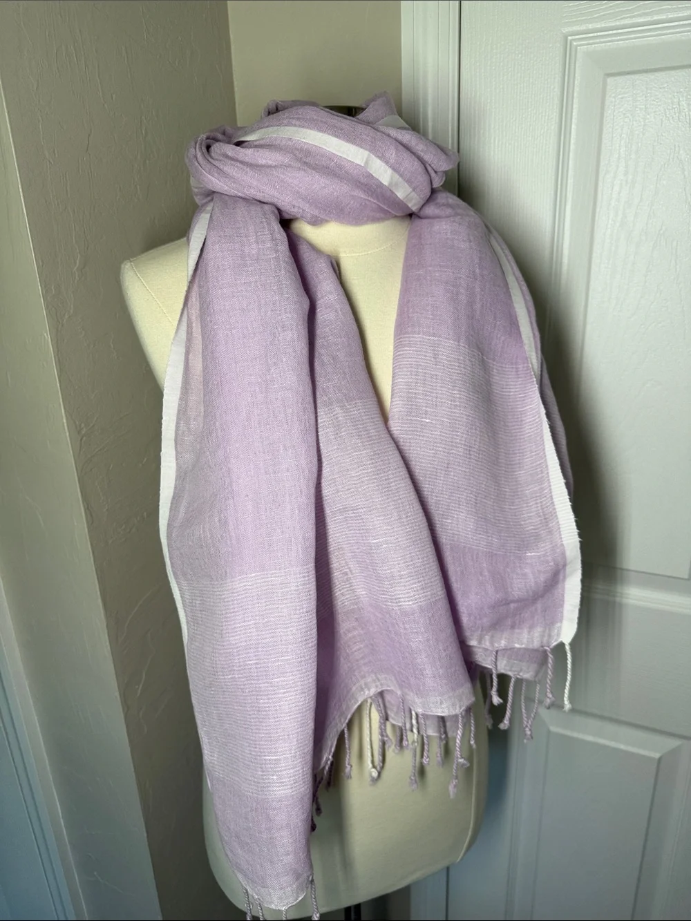 Lavender light purple, lilac linen scarf with white trim and fringe